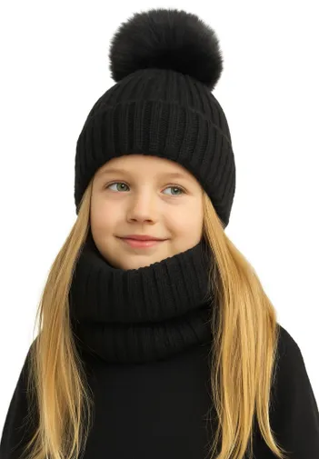Girls 2 Piece set: knitted snood and hat with faux fur pom pom <span>(2y-14y)</span>-6